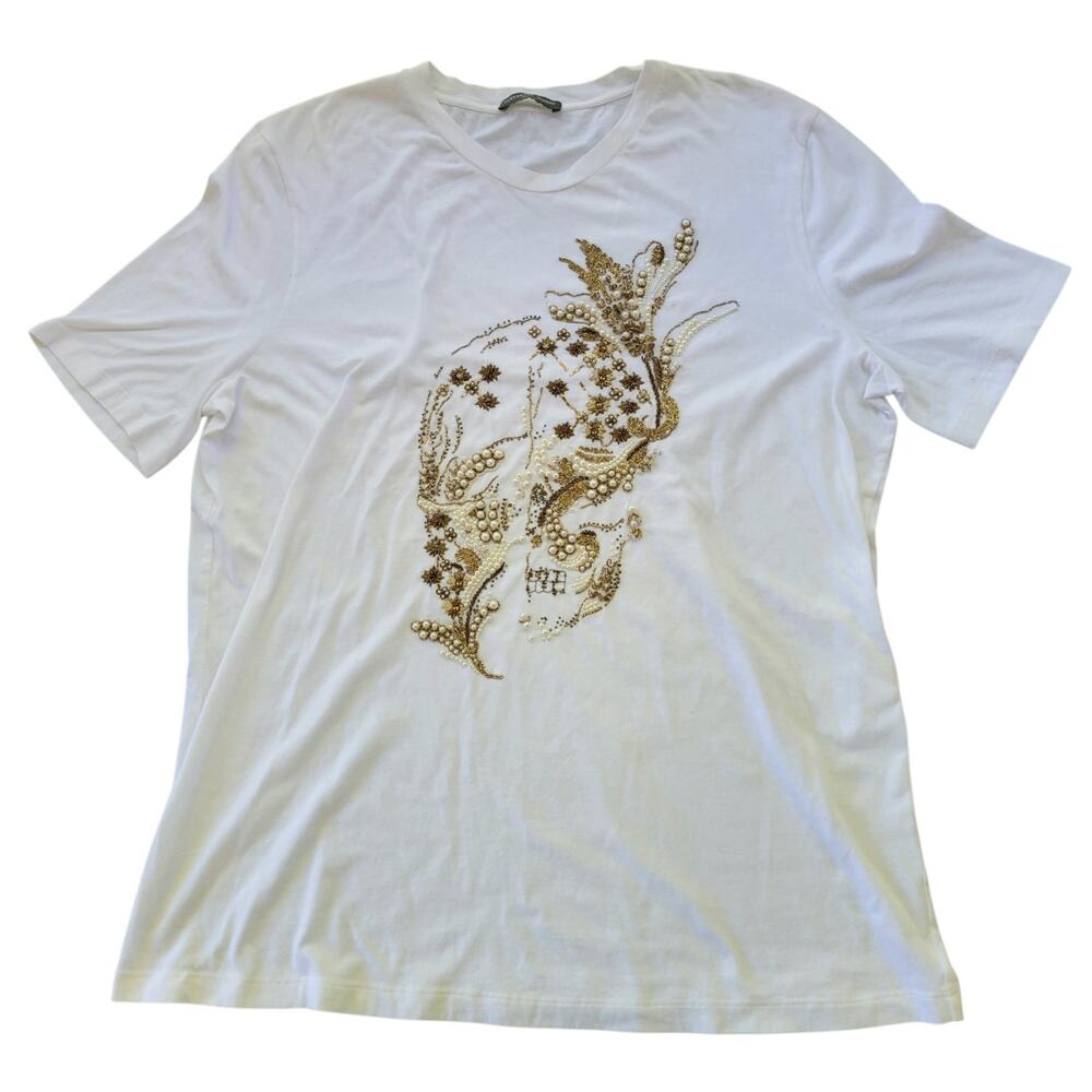 Alexander McQueen Women's White Pearl Beaded Flapper Head T-Shirt Size M-L